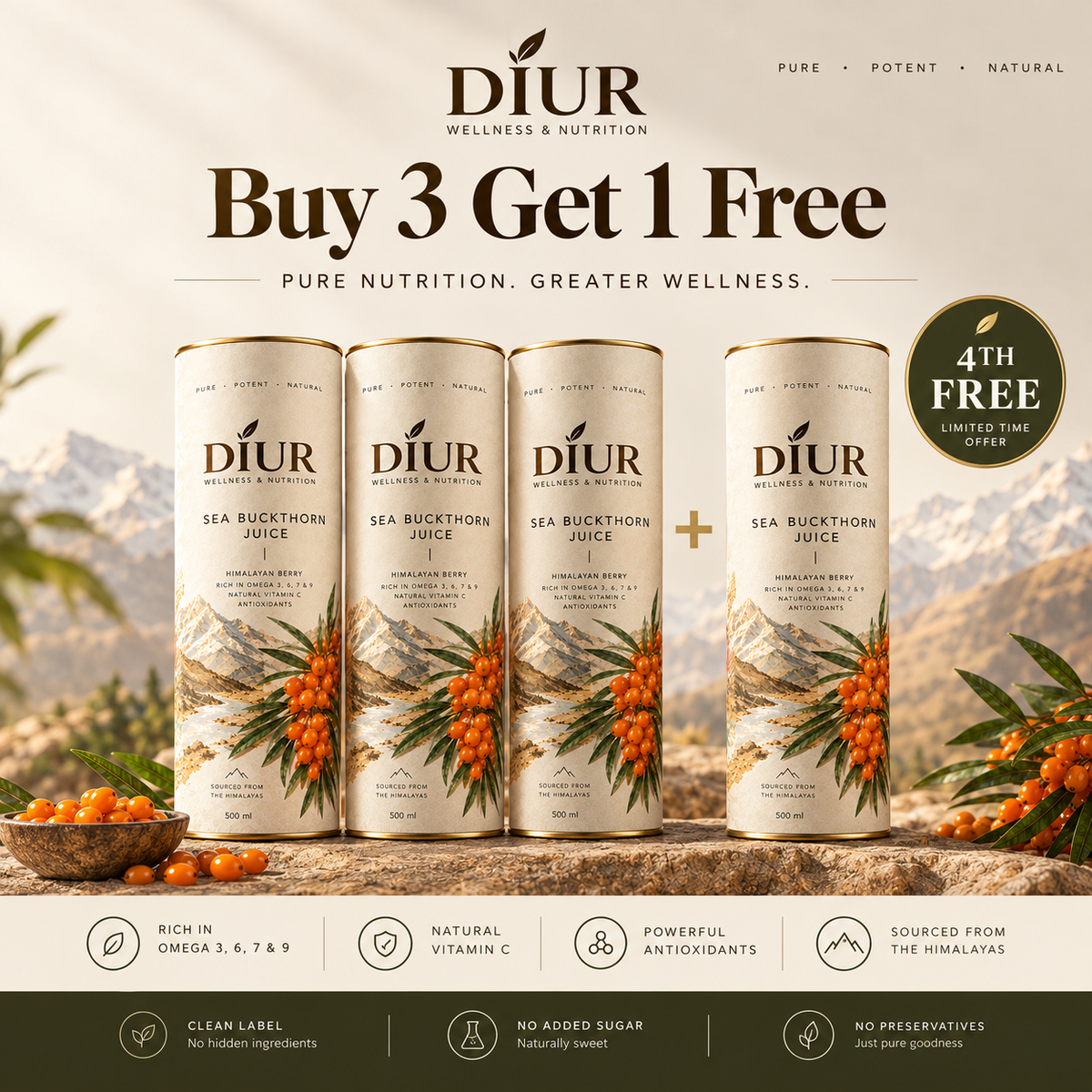 DIUR Sea Buckthorn Juice – Buy 3 Get 1 FREE | 500ml × 4