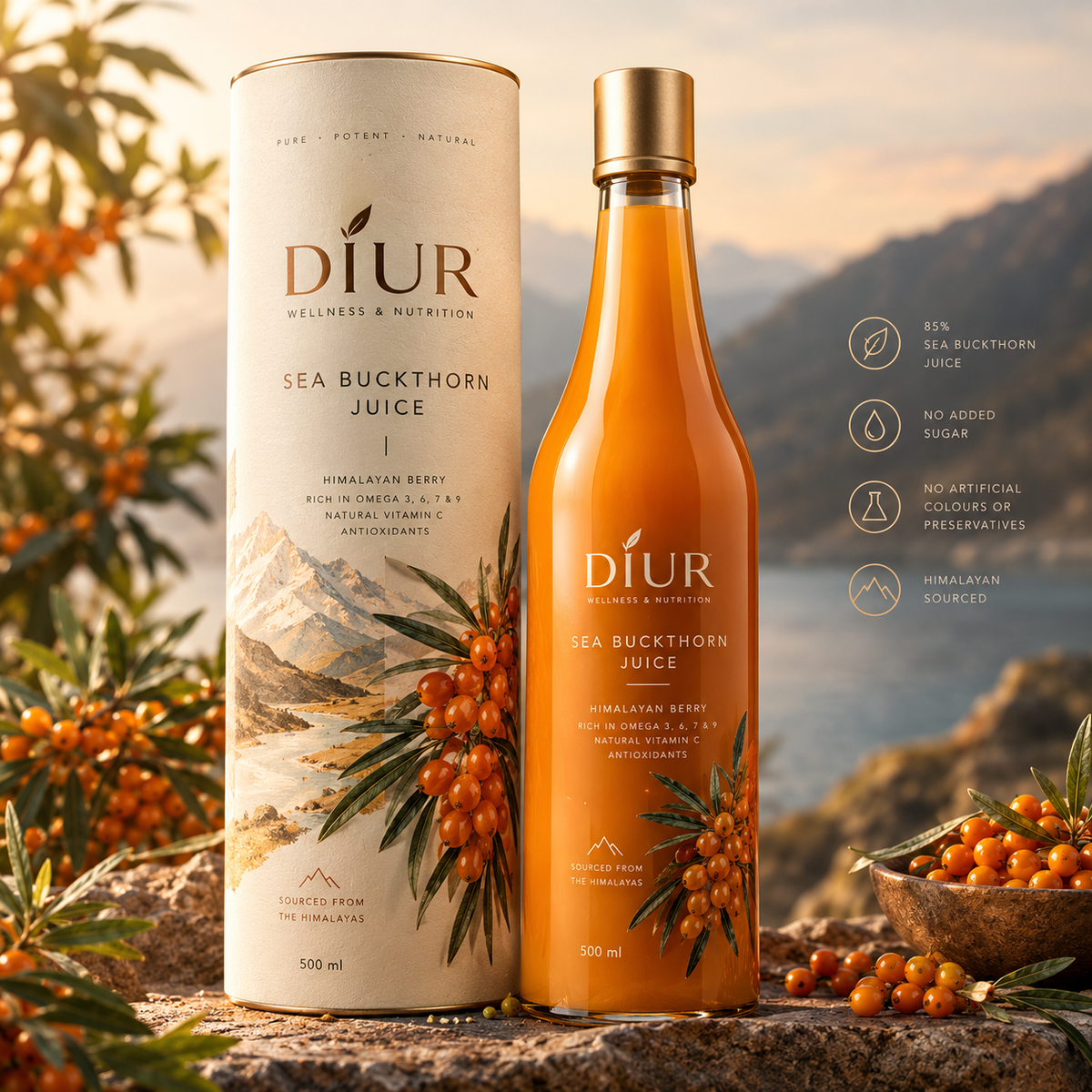 DIUR Sea Buckthorn Juice 500ml — bottle and packaging with Himalayan backdrop